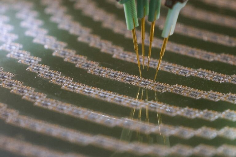 Probe needles test semiconductor devices on a wafer during a trade show. Photo: Reuters